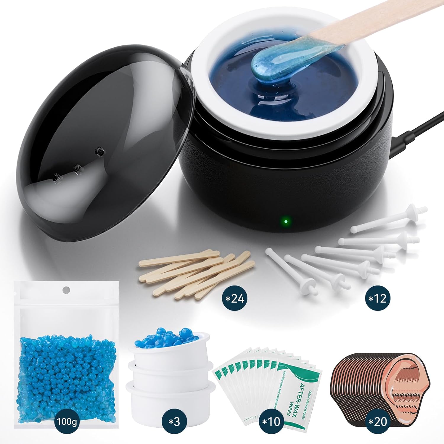 Nose Wax Kit - Portable Wax Warmer for Hair Removal with 100g Wax, 24 Applicators, 12 Nose Hair Sticks 3 Silicone Pots, Wax Melt Warmer Waxing Kit for Women and Men - Black